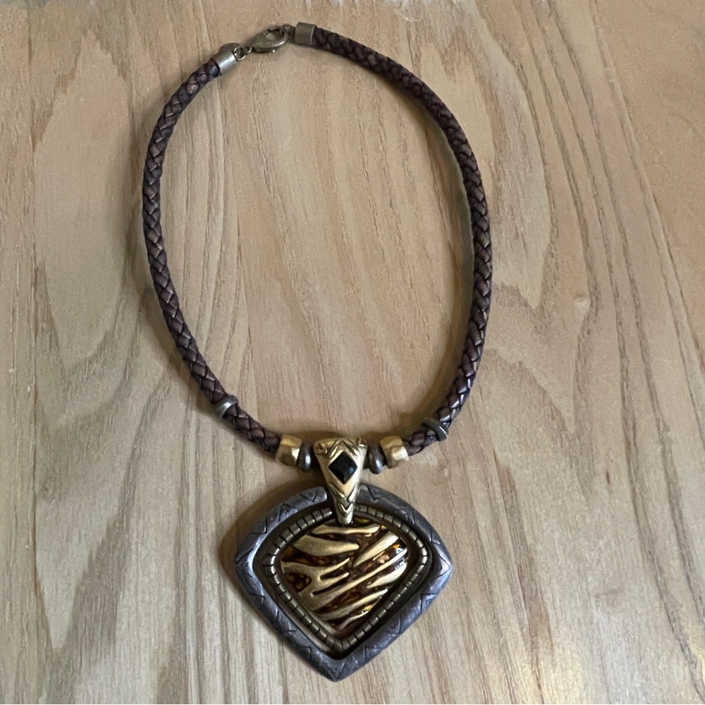 Chicos Medallion Cord Necklace. Statement Pendent on 16” Braided Leather cord.